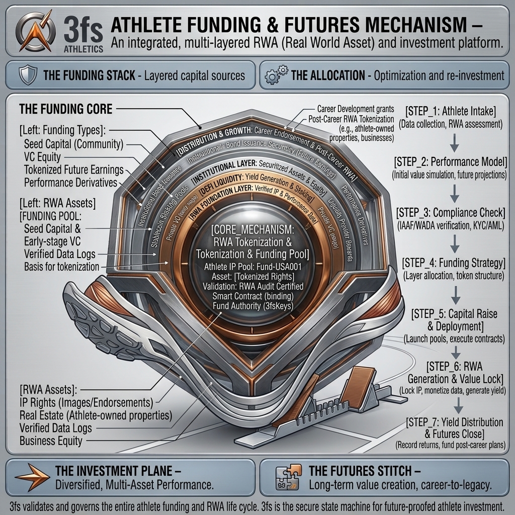 3FS Athlete Funding & Futures Mechanism — RWA layers and 7 funding steps