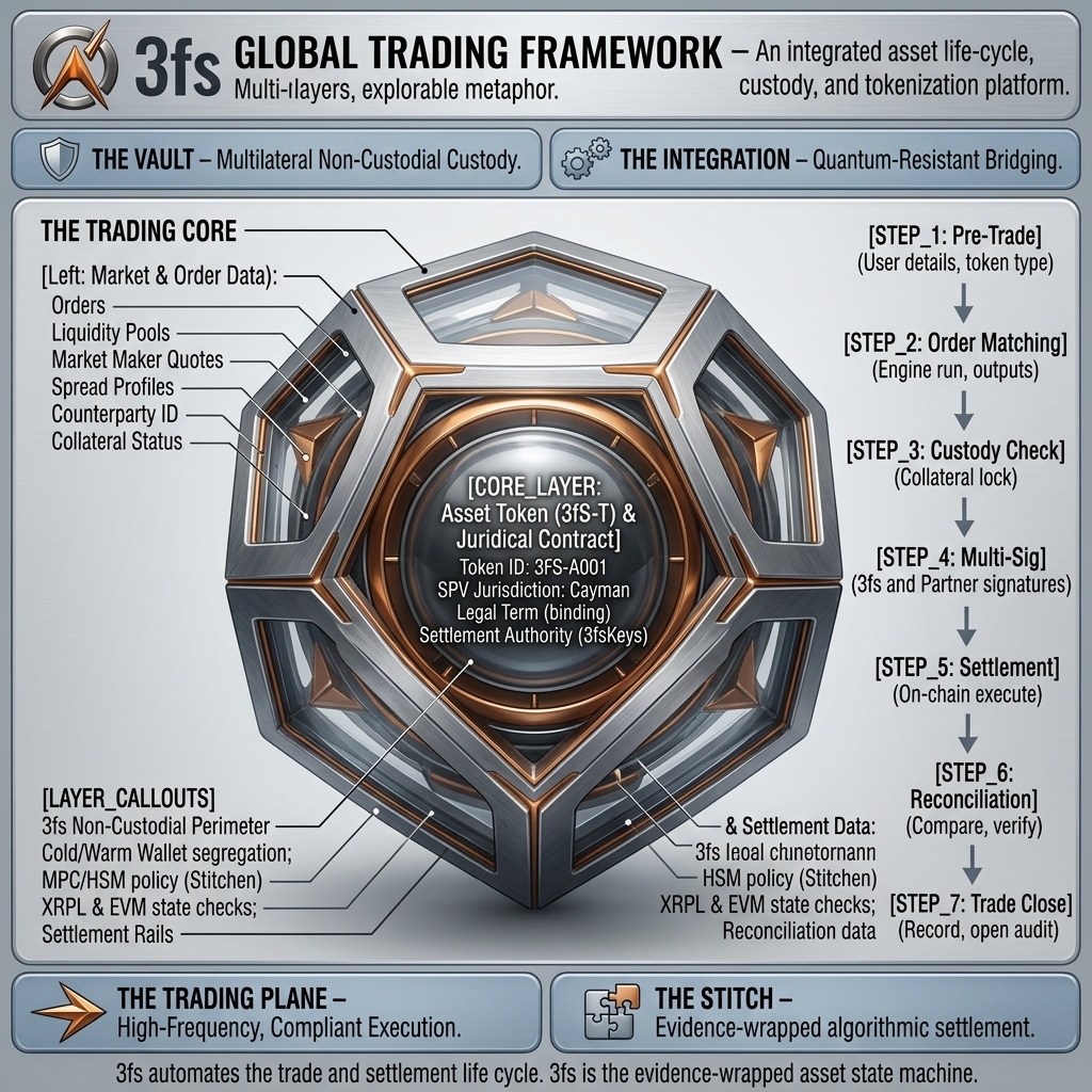 3FS Global Trading Framework — vault, custody, and 7-step trade close